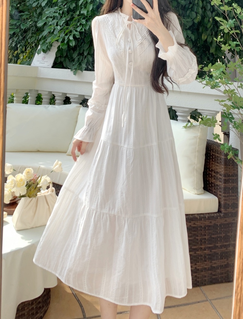 Refreshing long sleeve jacquard temperament white dress