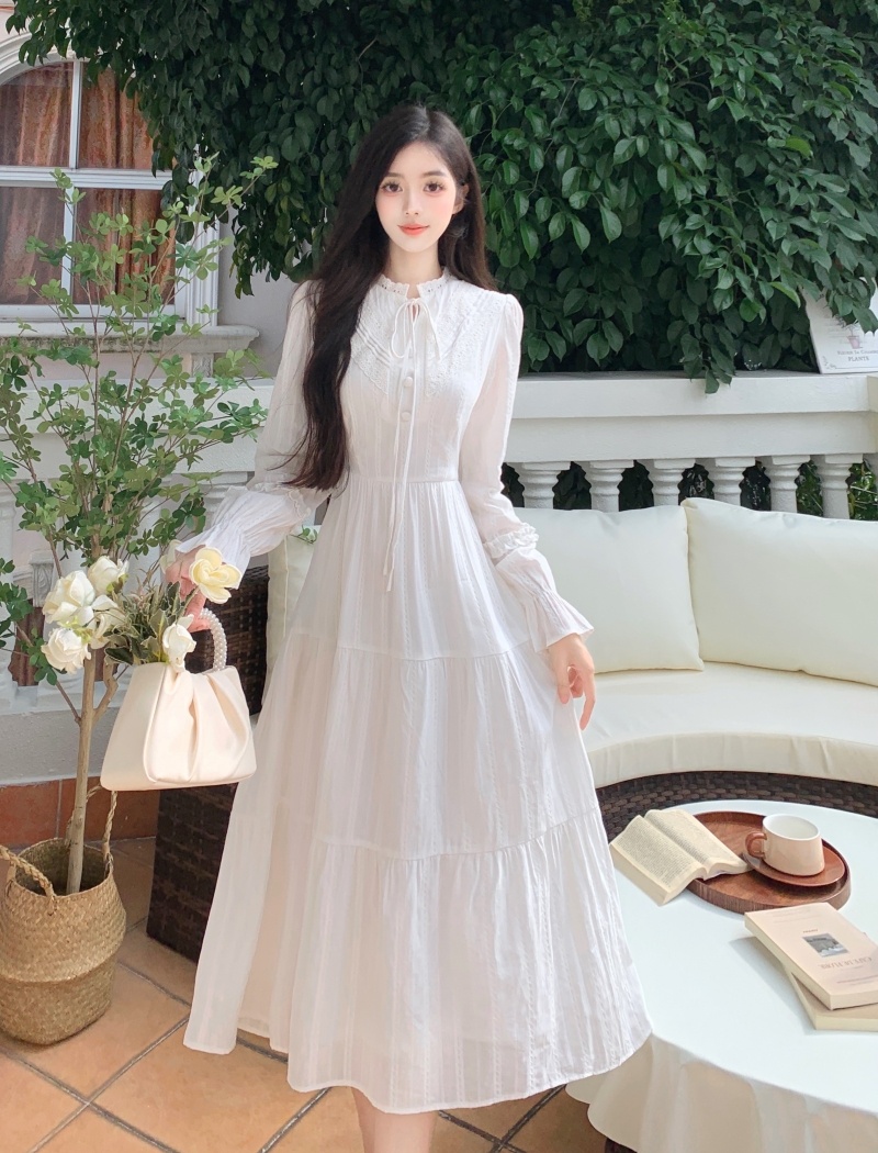 Refreshing long sleeve jacquard temperament white dress