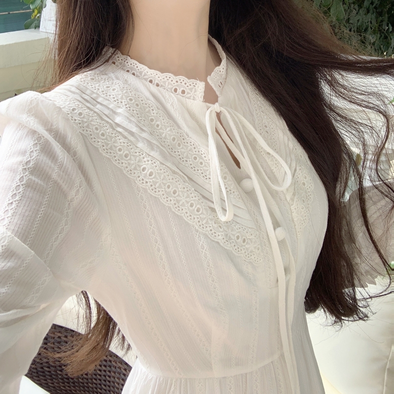 Refreshing long sleeve jacquard temperament white dress