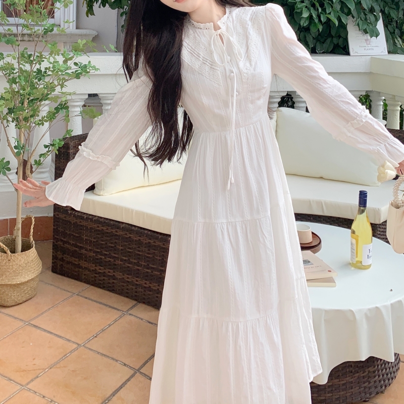 Refreshing long sleeve jacquard temperament white dress