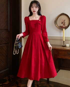 Wine-red jacquard formal dress spring and autumn dress