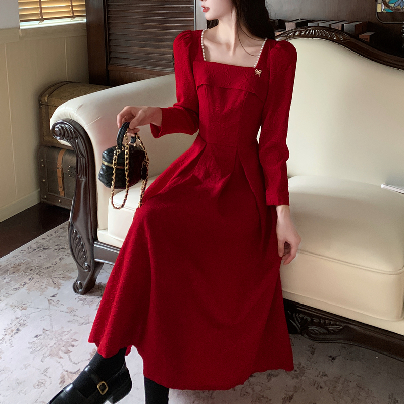 Wine-red jacquard formal dress spring and autumn dress