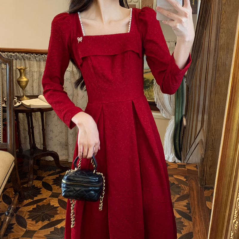 Wine-red jacquard formal dress spring and autumn dress