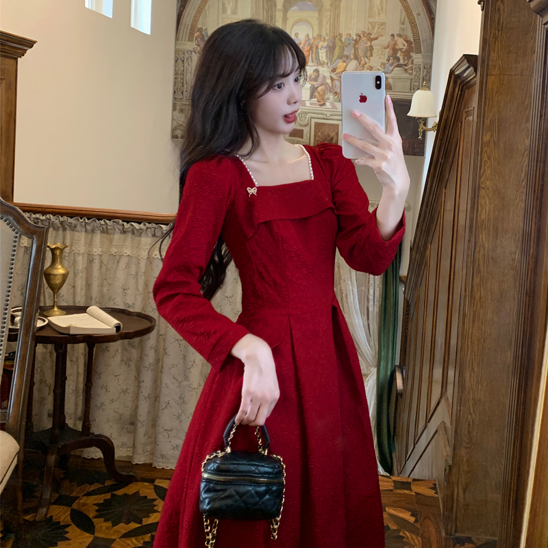 Wine-red jacquard formal dress spring and autumn dress