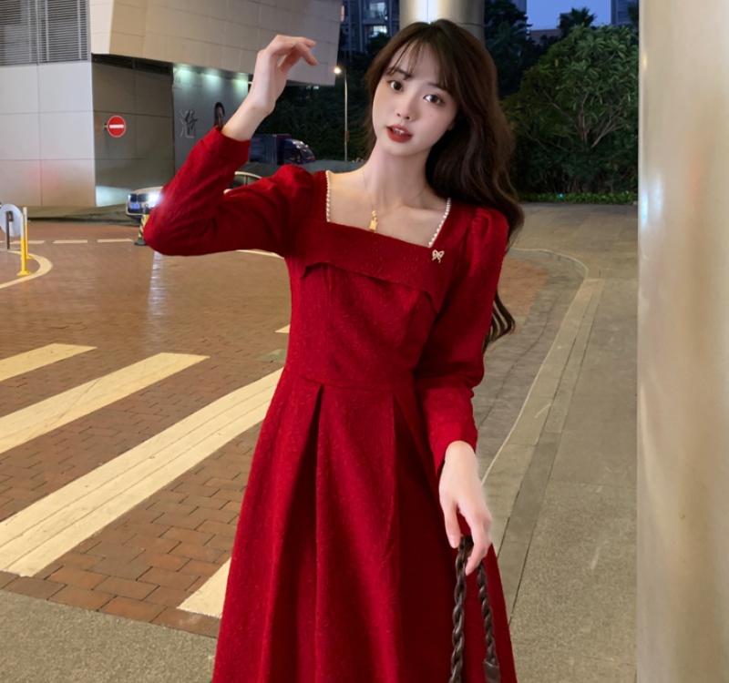 Wine-red jacquard formal dress spring and autumn dress