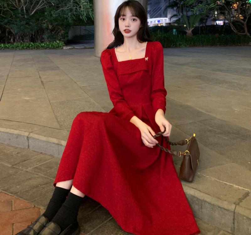 Wine-red jacquard formal dress spring and autumn dress