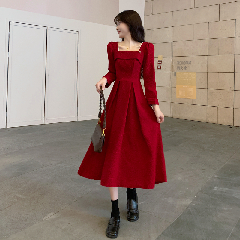 Wine-red jacquard formal dress spring and autumn dress