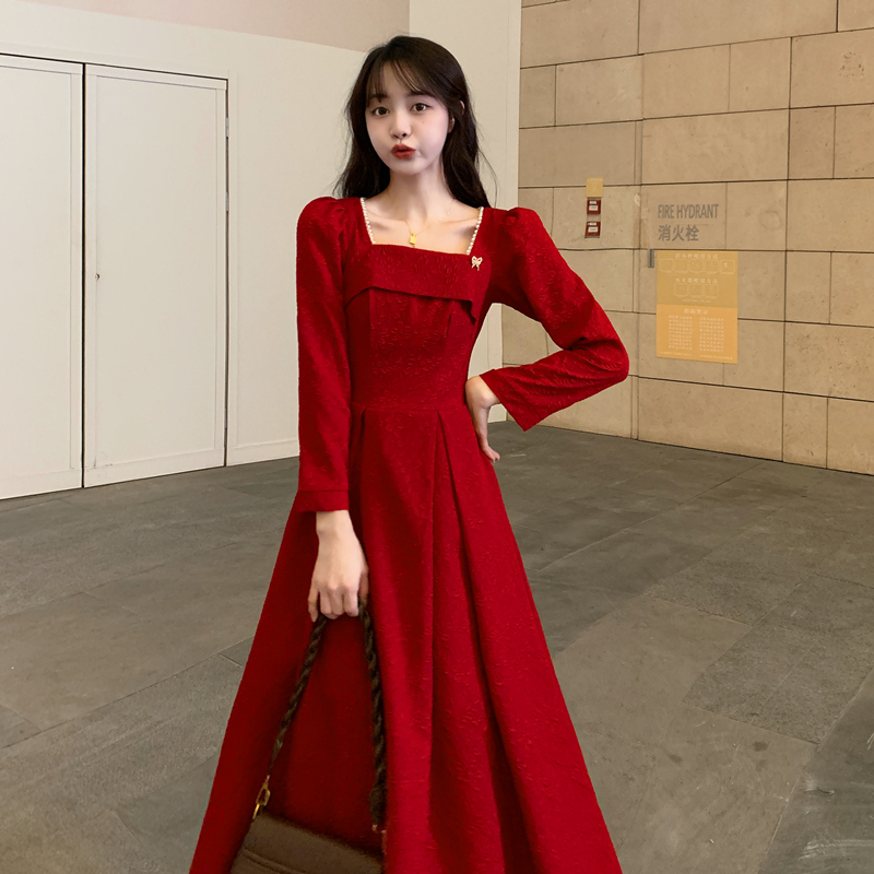 Wine-red jacquard formal dress spring and autumn dress