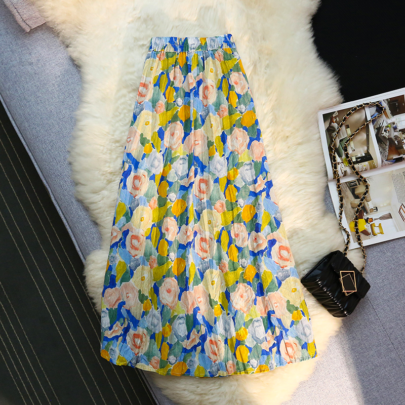 Slim artistic skirt fold floral long skirt for women