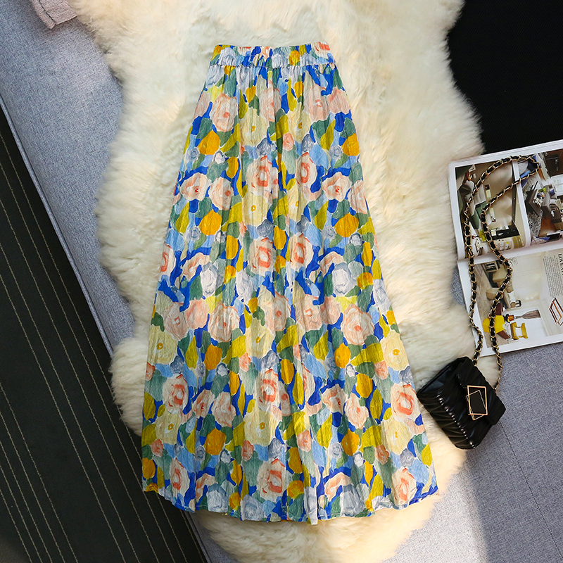 Slim artistic skirt fold floral long skirt for women