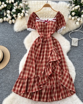 Summer square collar long dress pastoral style) plaid dress