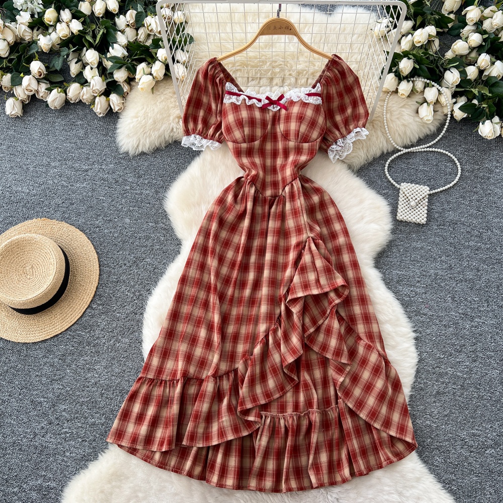 Summer square collar long dress pastoral style) plaid dress