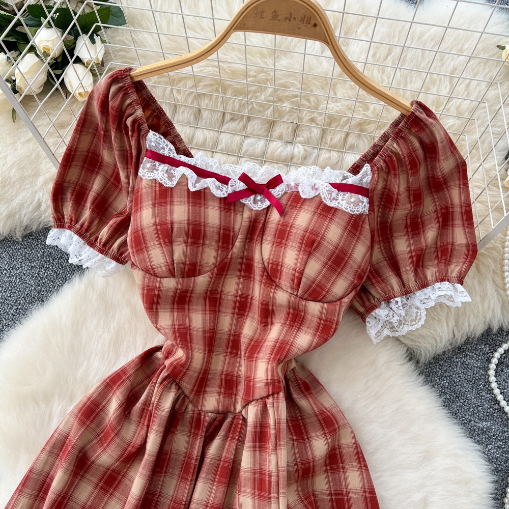 Summer square collar long dress pastoral style) plaid dress