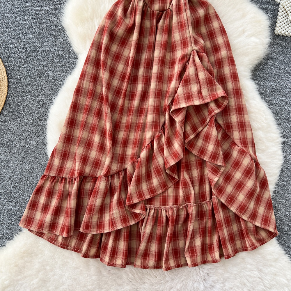 Summer square collar long dress pastoral style) plaid dress