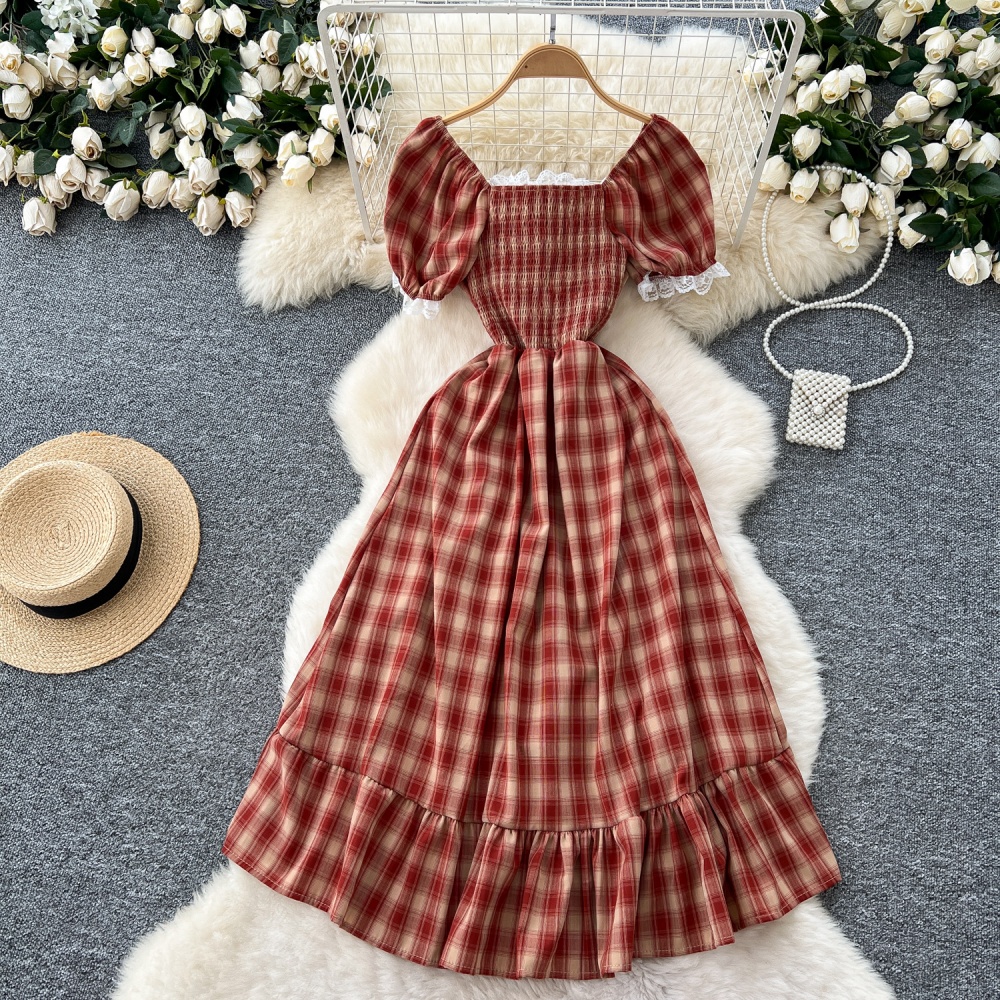 Summer square collar long dress pastoral style) plaid dress