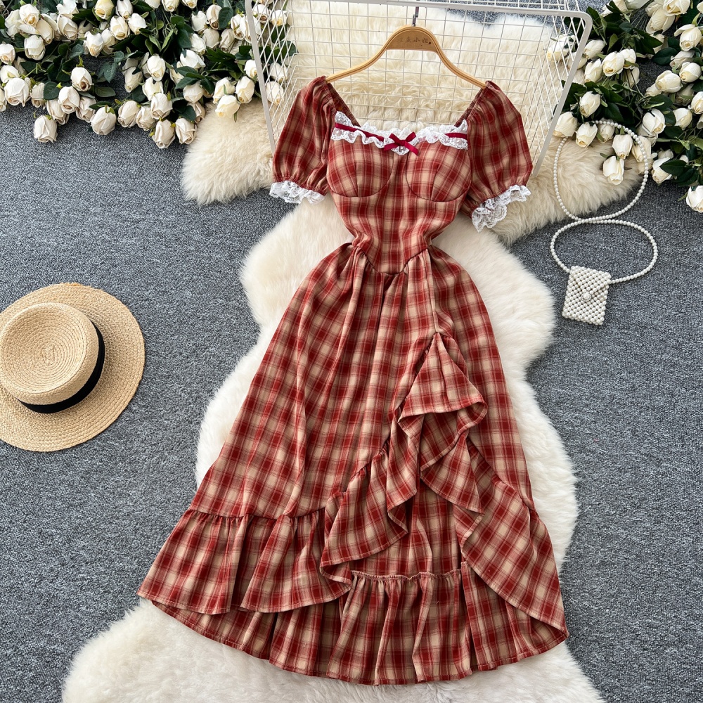 Summer square collar long dress pastoral style) plaid dress