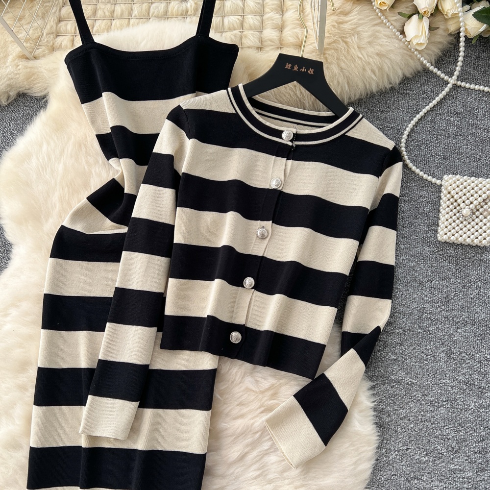 Round neck cardigan Korean style dress 2pcs set