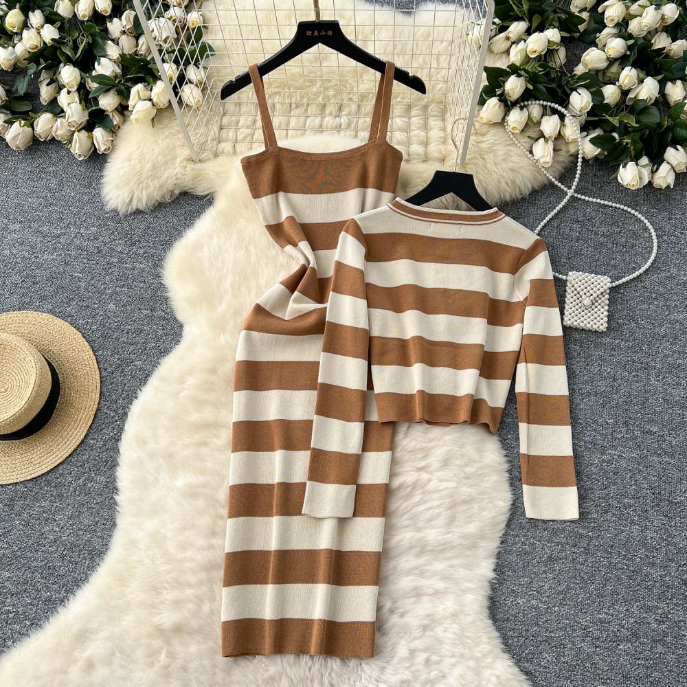 Round neck cardigan Korean style dress 2pcs set