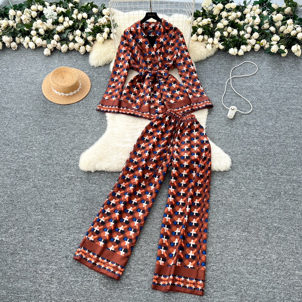 Casual bandage tops printing wide leg pants 2pcs set