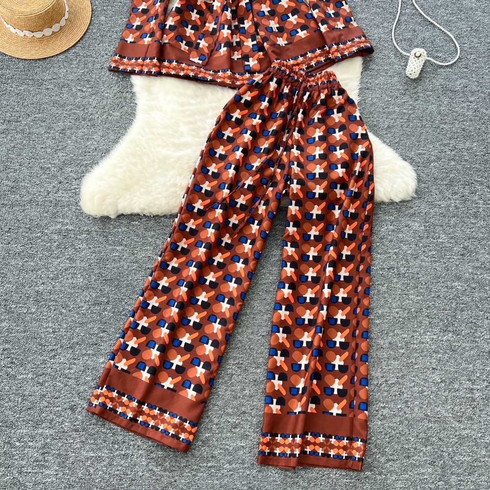 Casual bandage tops printing wide leg pants 2pcs set