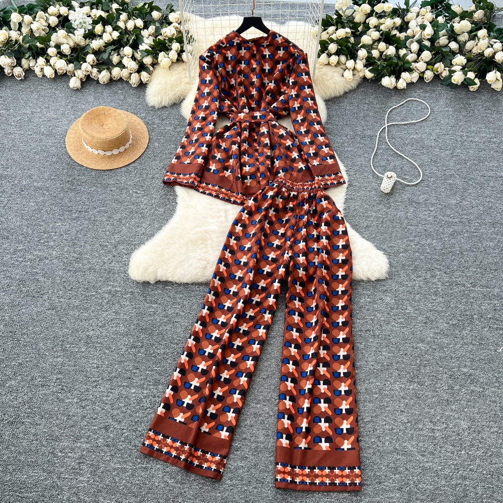 Casual bandage tops printing wide leg pants 2pcs set