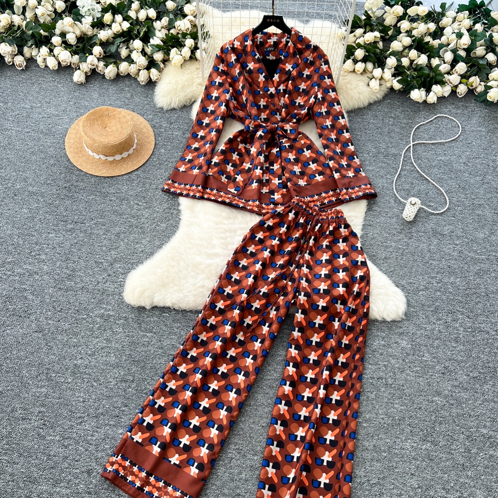 Casual bandage tops printing wide leg pants 2pcs set