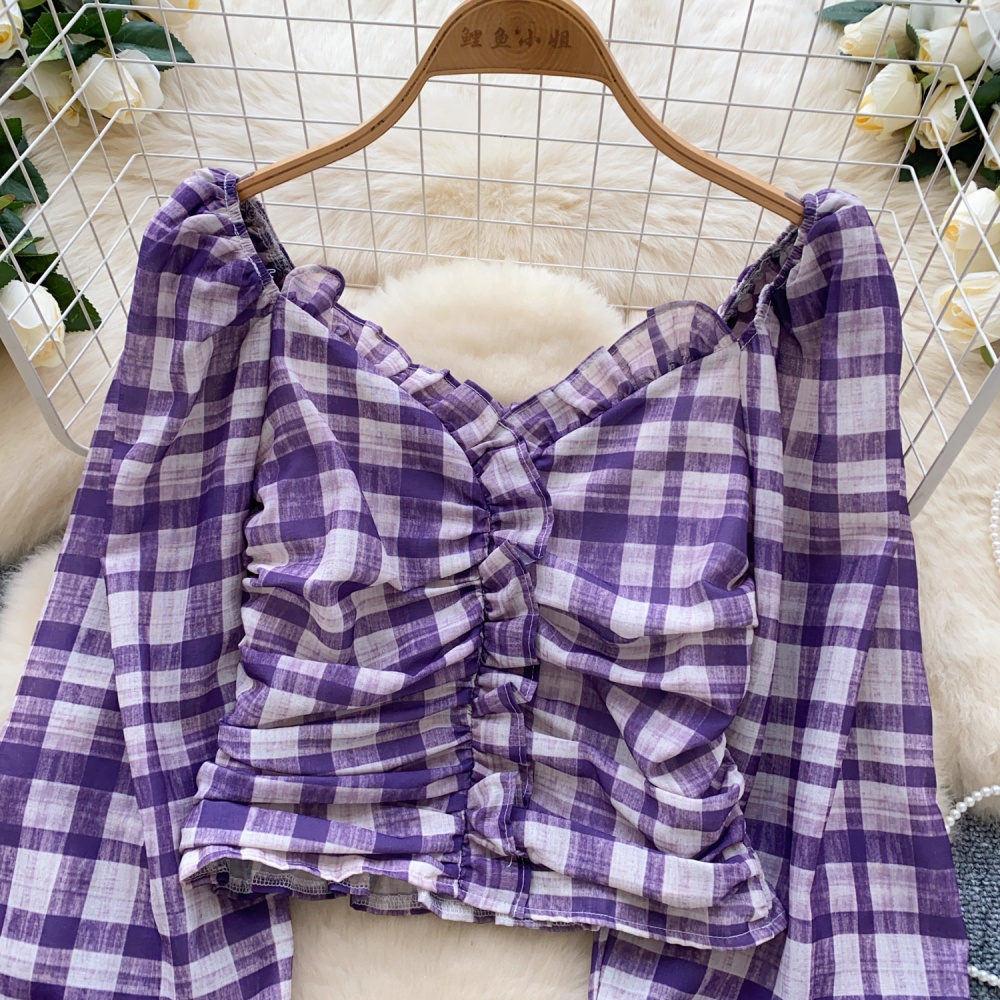 Pinched waist sweet navel tops plaid all-match shirt for women