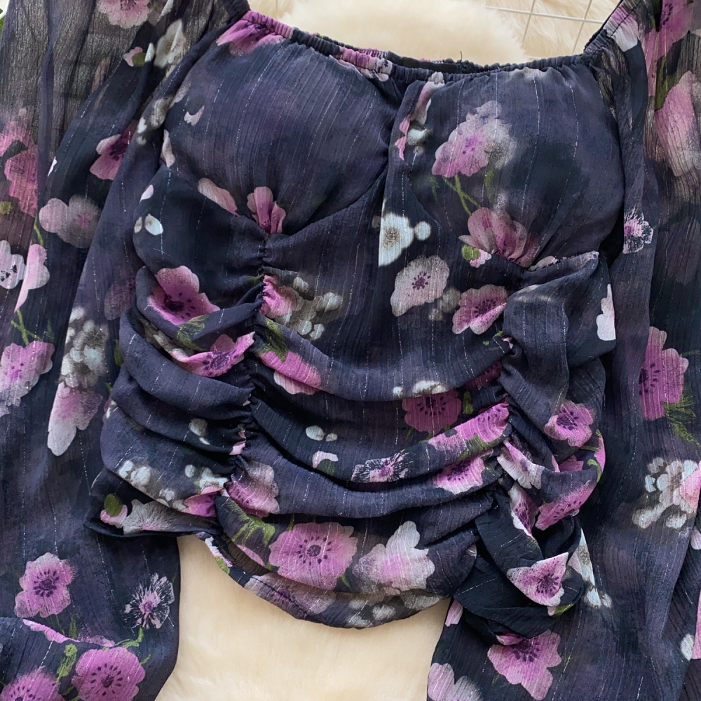 Short all-match tops fold floral chiffon shirt for women