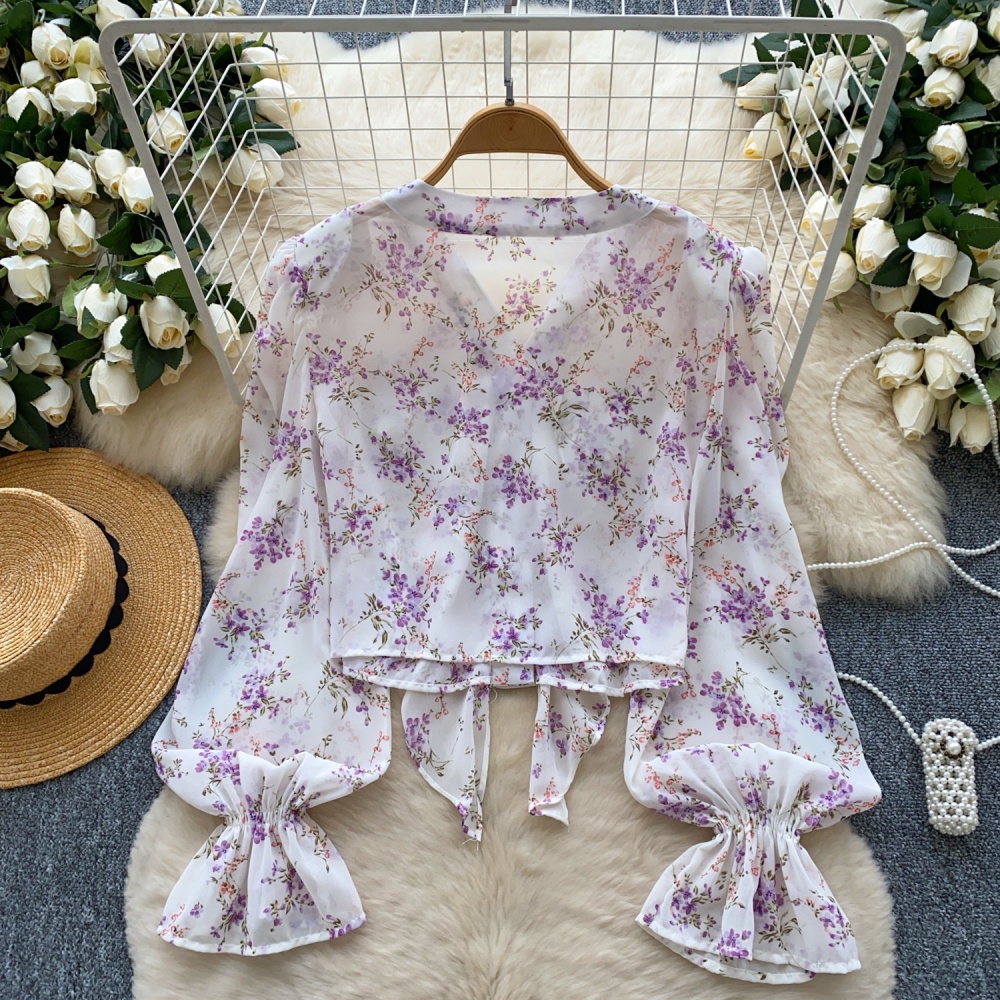 V-neck floral chiffon shirt splice sweet shirt for women