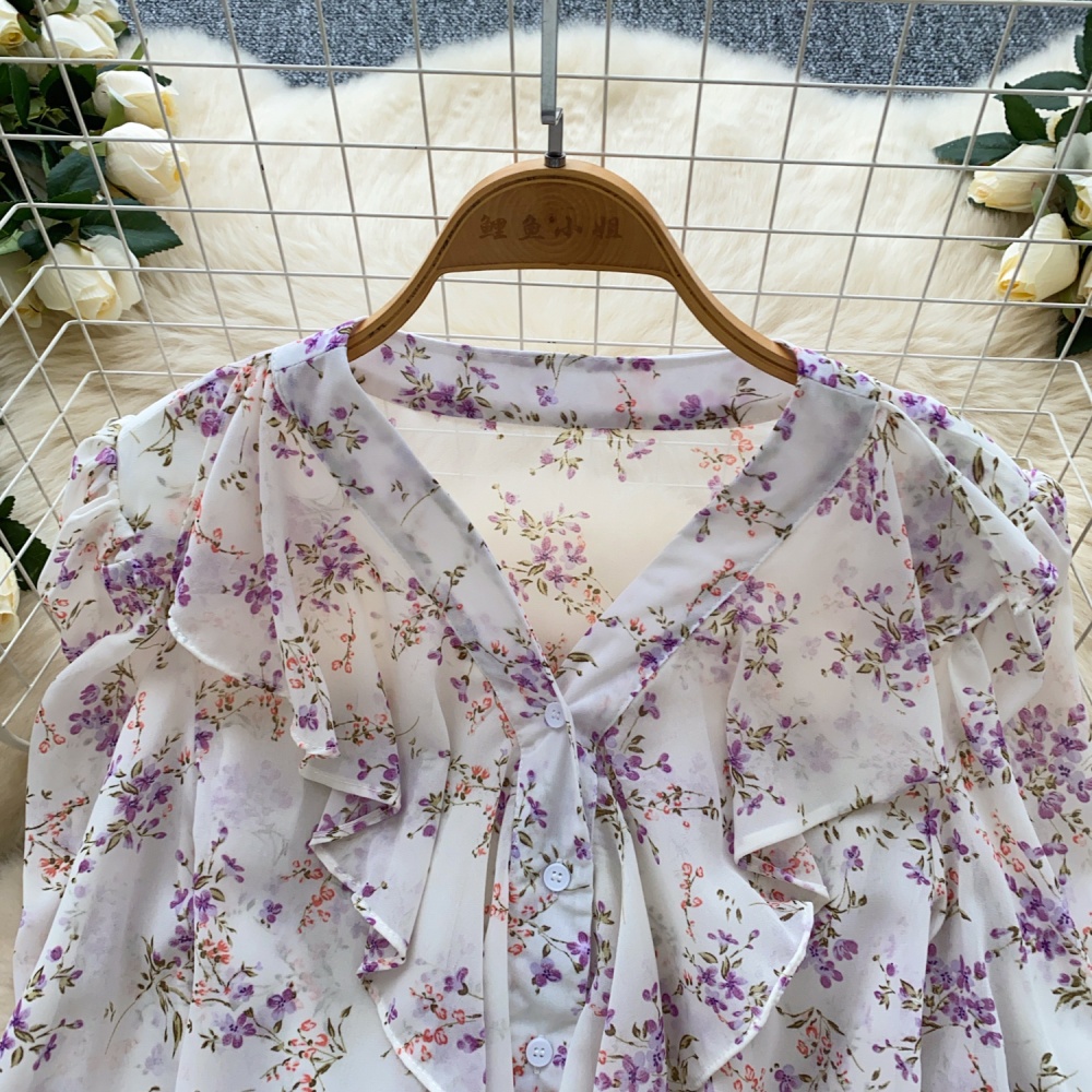 V-neck floral chiffon shirt splice sweet shirt for women