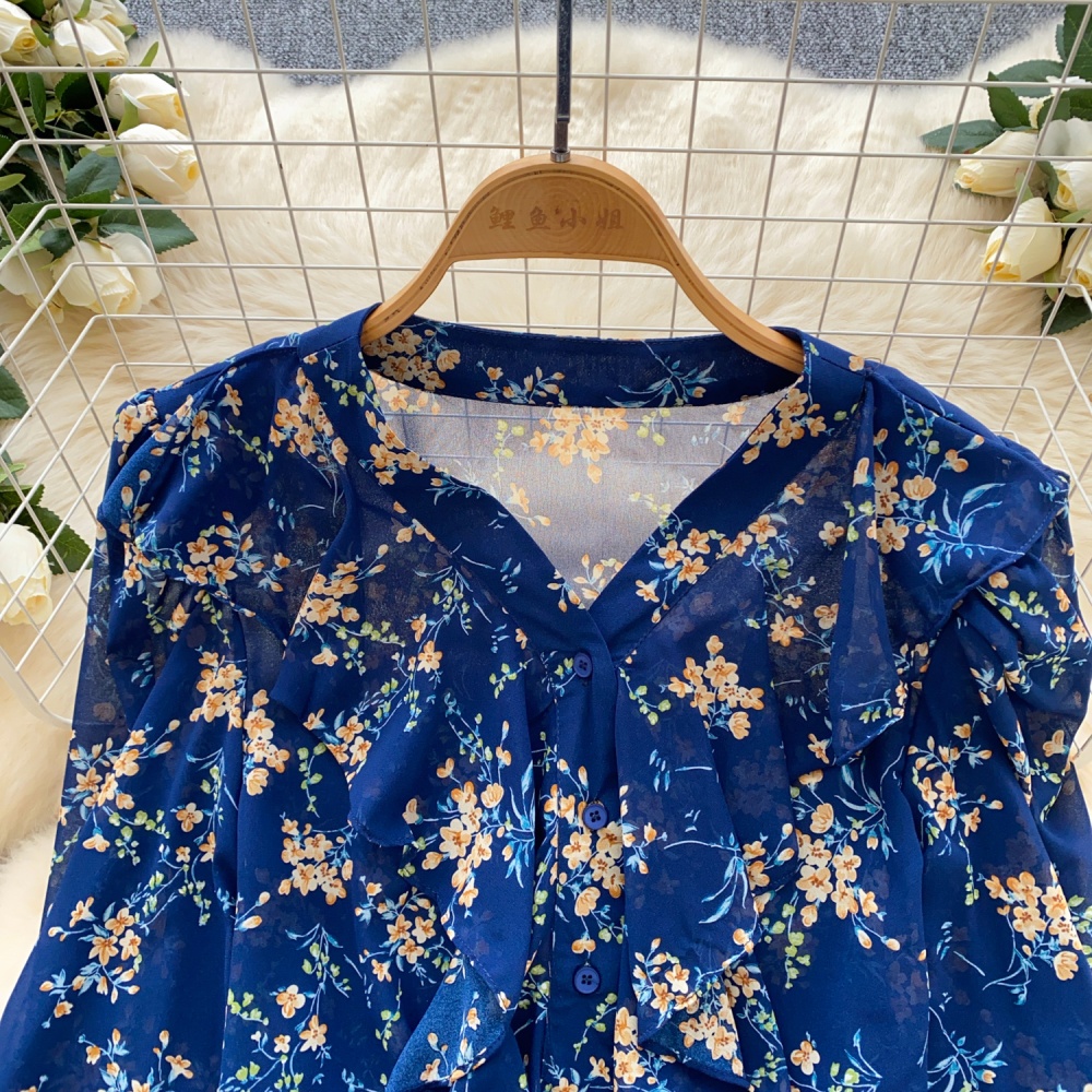 V-neck floral chiffon shirt splice sweet shirt for women