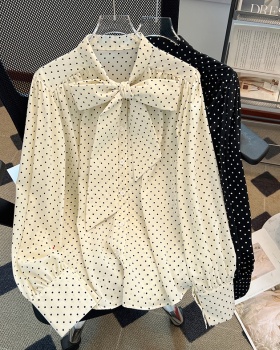 Polka dot printing silk shirt streamer bow long sleeve tops