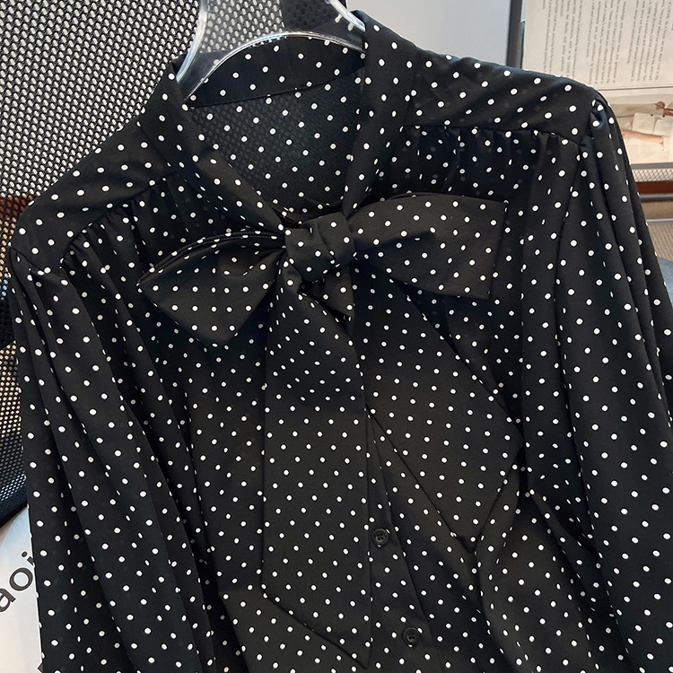 Polka dot printing silk shirt streamer bow long sleeve tops