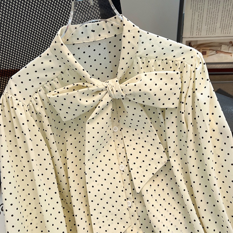 Polka dot printing silk shirt streamer bow long sleeve tops