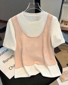 Pseudo-two Western style sweater loose splice tops