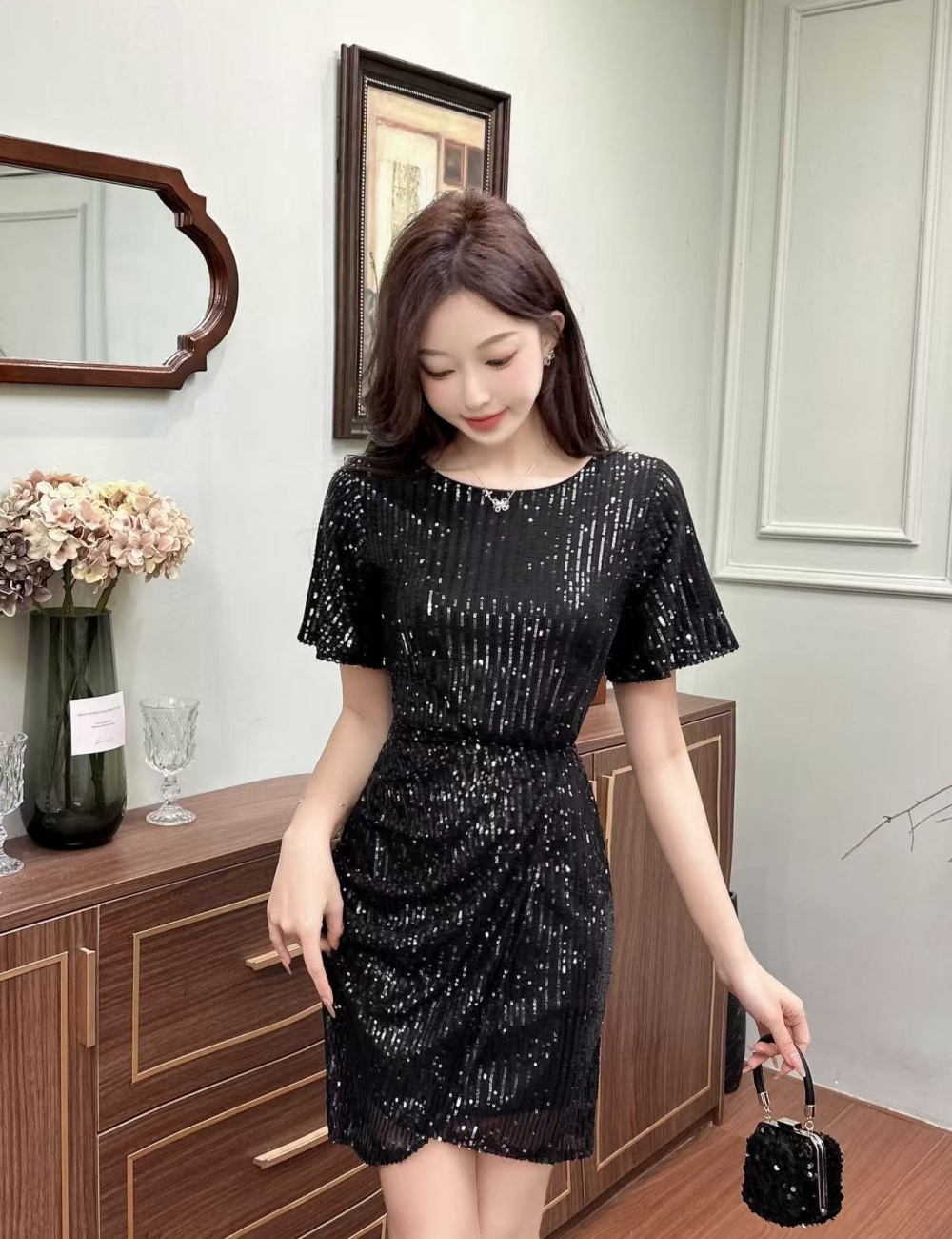 Sexy sequins dress temperament slim evening dress for women