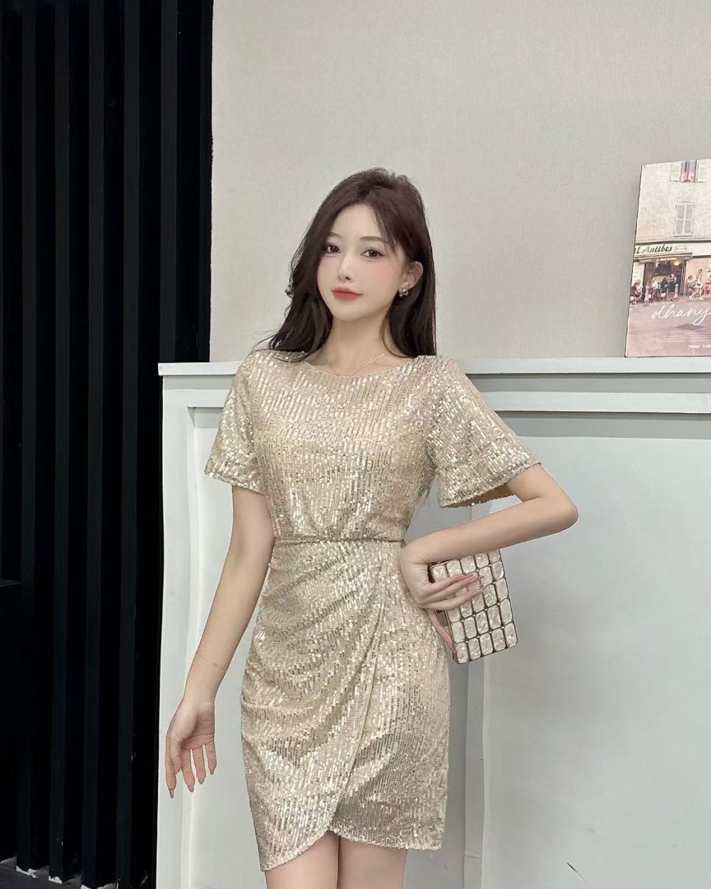 Sexy sequins dress temperament slim evening dress for women