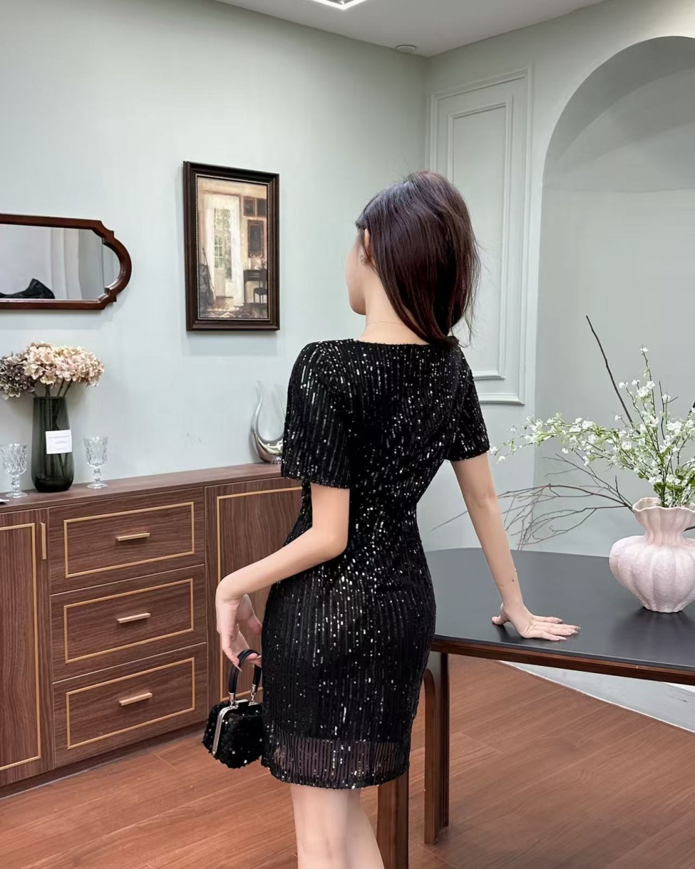 Sexy sequins dress temperament slim evening dress for women