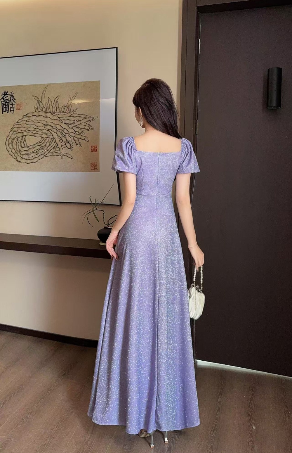 Starry sky formal dress flat shoulder evening dress