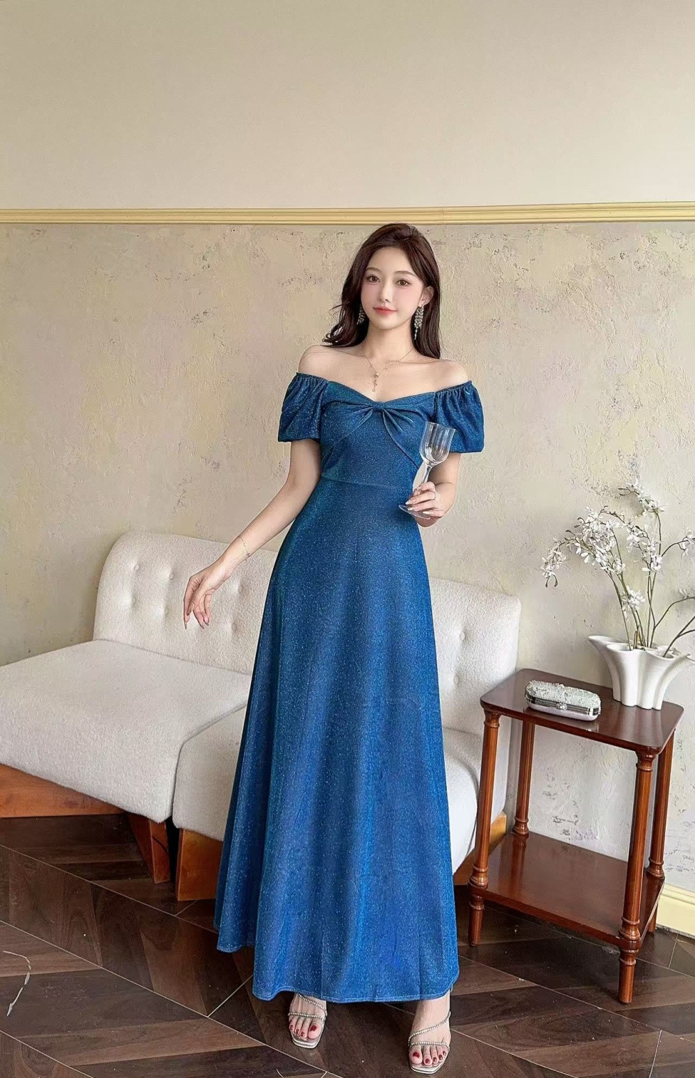 Starry sky formal dress flat shoulder evening dress