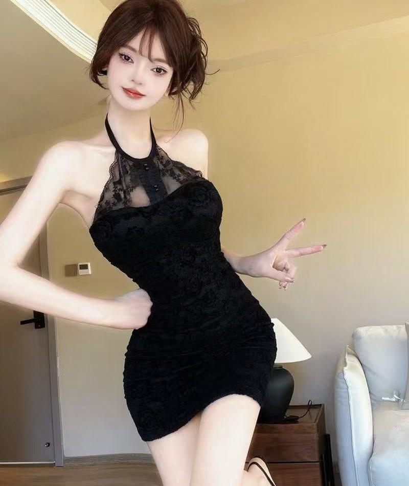 Sling bottoming hollow package hip lace halter dress