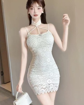 Crochet sling halter strapless dress sexy short lace T-back