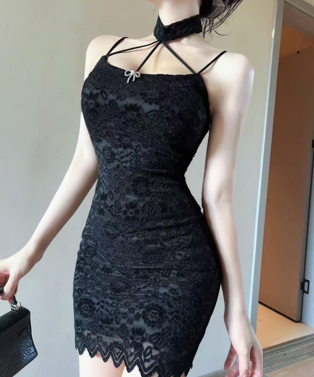 Crochet sling halter strapless dress sexy short lace T-back