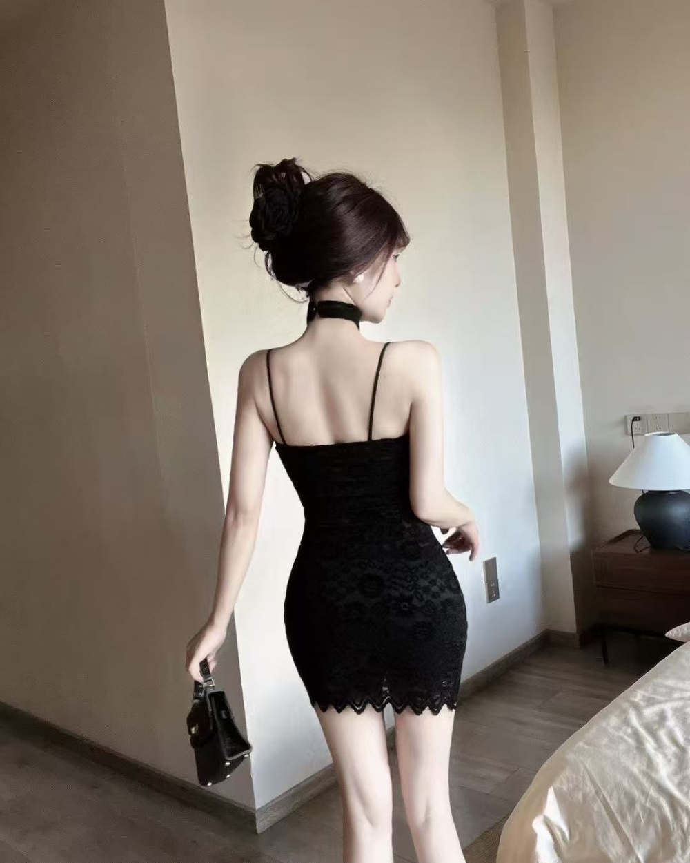 Crochet sling halter strapless dress sexy short lace T-back