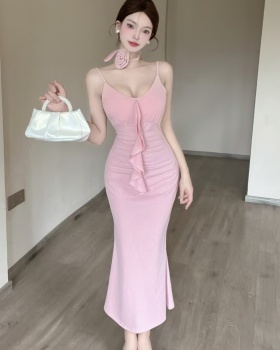 Pink sling long dress V-neck slim dress for women