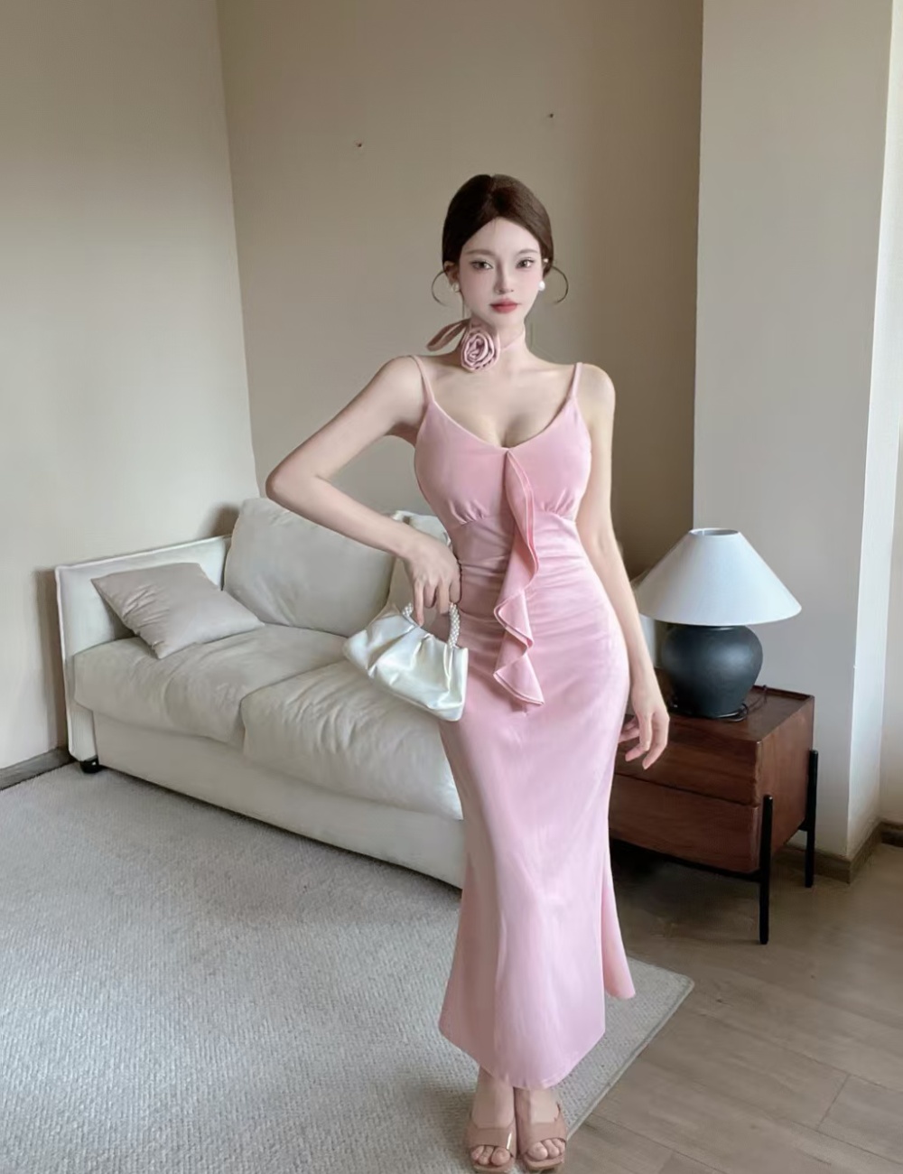 Pink sling long dress V-neck slim dress for women