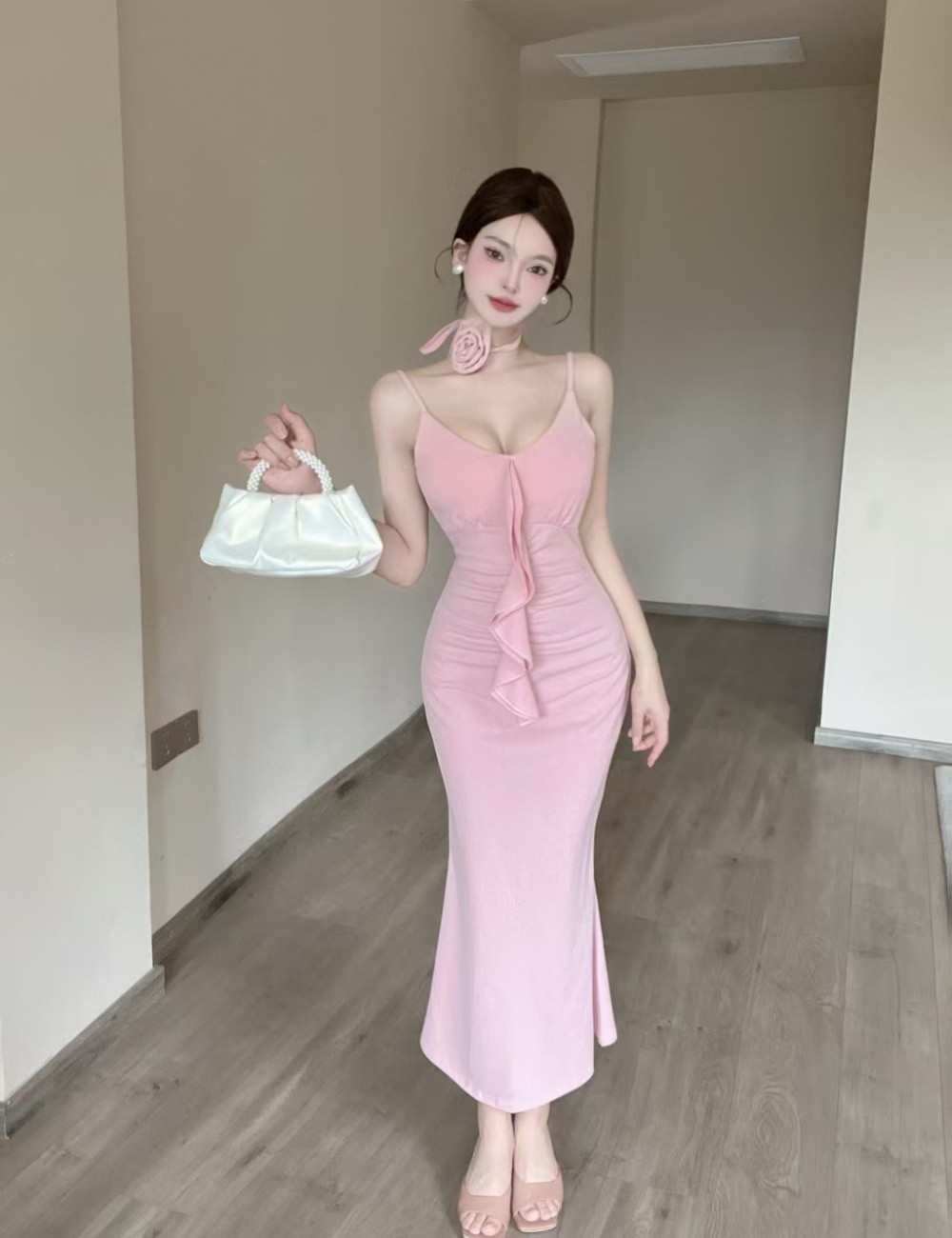 Pink sling long dress V-neck slim dress for women