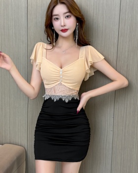 Boats sleeve package hip hollow short gauze dress