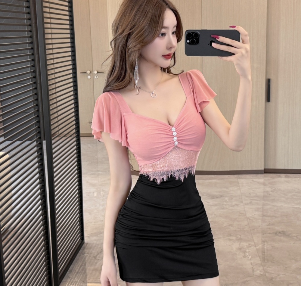 Boats sleeve package hip hollow short gauze dress