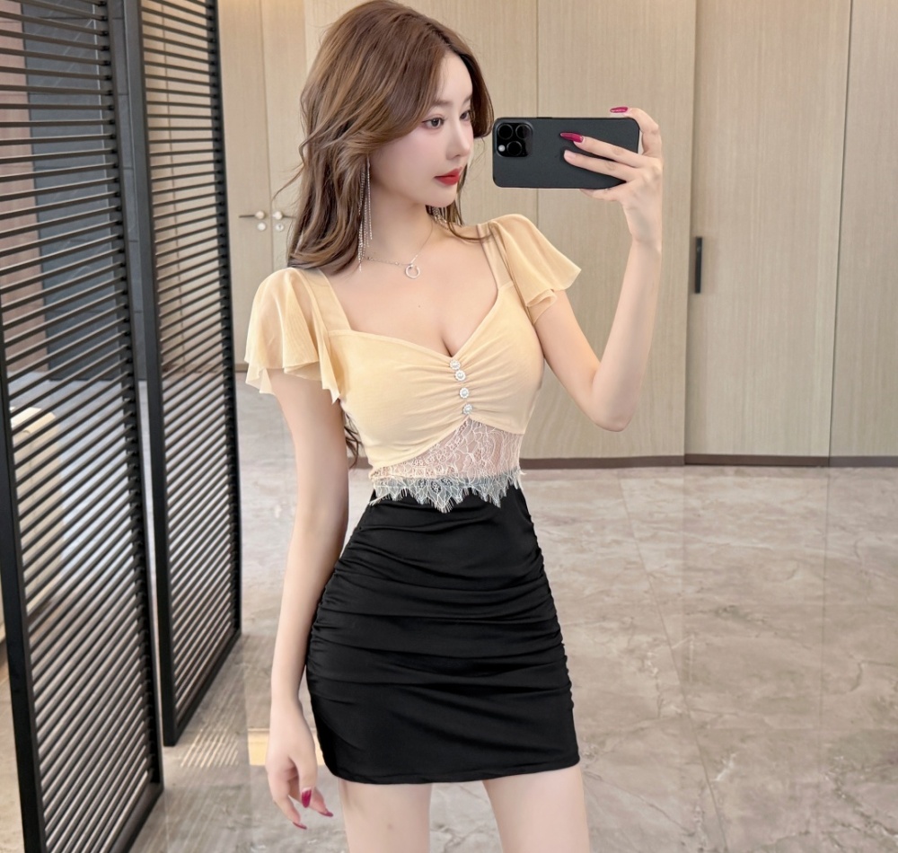 Boats sleeve package hip hollow short gauze dress